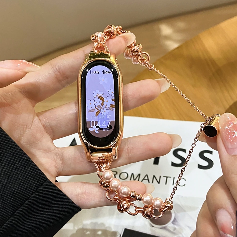 

For Xiaomi Mi Band 8 7 6 5 Strap Luxury Fashion Metal Pearl Bracelet Miband 8 5 4 3 Stainless Steel Replacement Wristband Correa