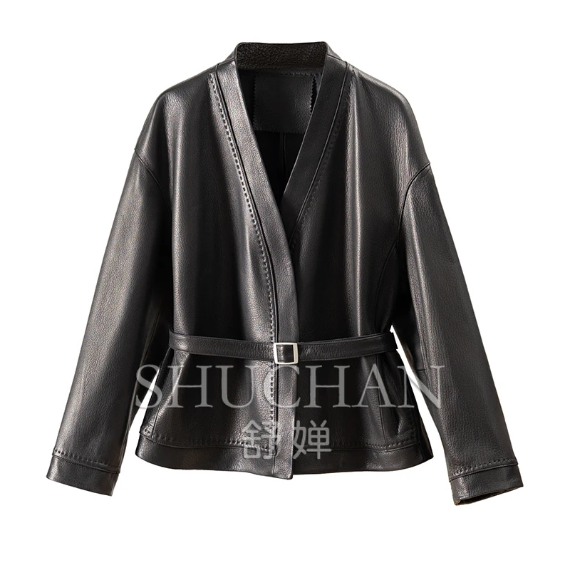 

SHUCHAN Abrigos Mujer Invierno 2023 Adjustable Waist High Street Autumn/Winter Sheepskin V-Neck Genuine Leather