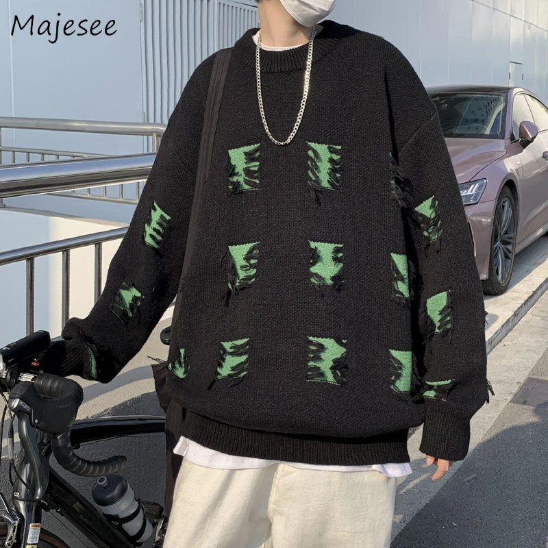 

Pullovers Men Ripped Sweater Round Neck Retro Design Japanese Stylish Streetwear Fashion All-match Personal Hipster Cool Winter