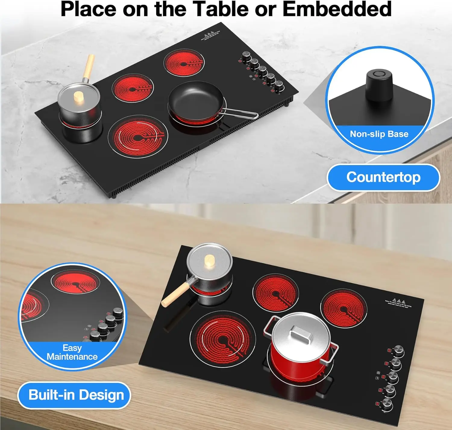 36 inch,36 inch Electric Cooktop,9200W Built-in & Countertop 36 inch Cooktop with 9 Power Levels, 5