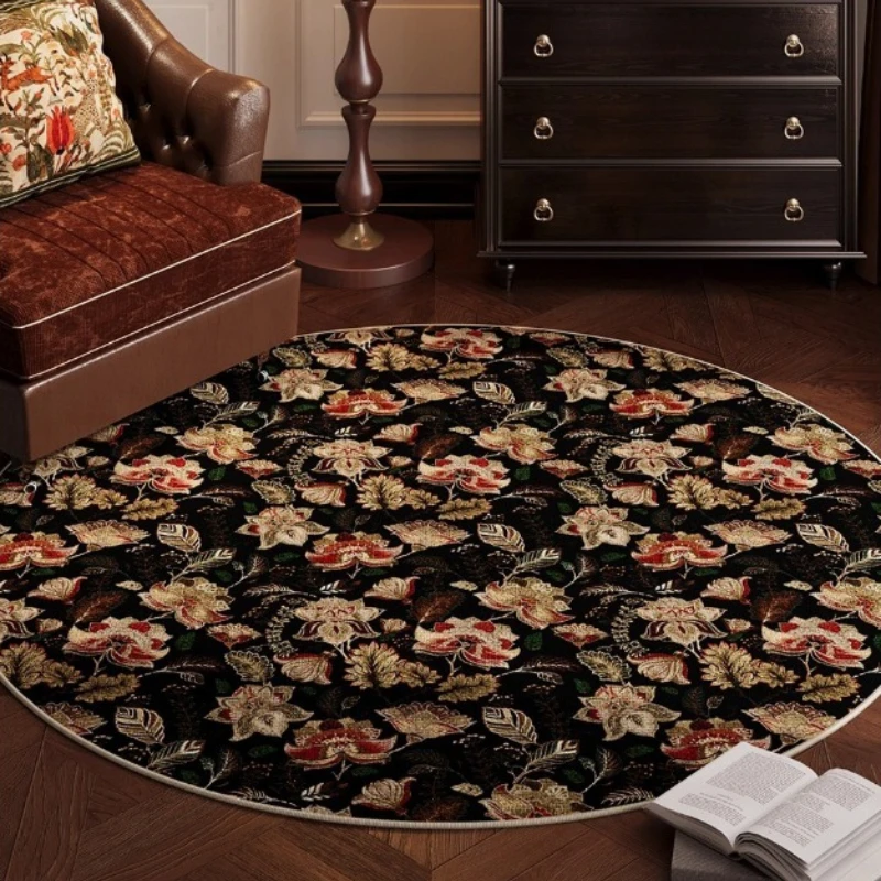 Round Living Room Carpet European Retro Floral Luxury Bedroom Plush Rug Foldable Machine Washable Non-slip Cloackroom Mats Tapis