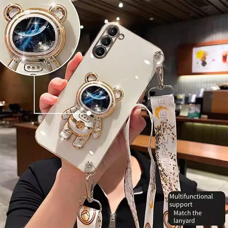 thumbnail image 1 of Crossbody Lanyard Quicksand space bear Plating Case for Samsung Galaxy S23 S22 S21 S20 Ultra FE S10 S9 S8 Plus 5G Cover, 1 of 5