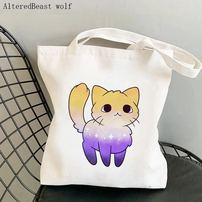 Women Shopper bag Aromantic Pride Cat Kawaii Bag Harajuku Shopping Canvas Shopper Bag girl handbag Tote Shoulder Lady Bag