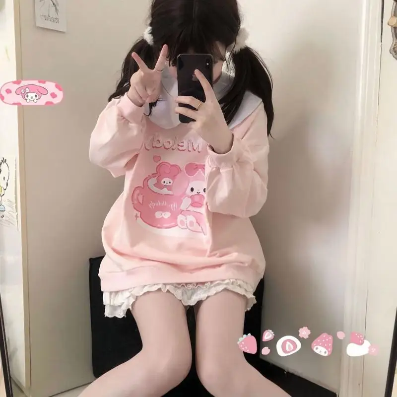 

Kawaii Sanrio Cute Soft Sister Pink Hoodie Mymelody Cartoon Print Loose Matching High-Waisted Cake Skirt 2-Piece Set Girlish