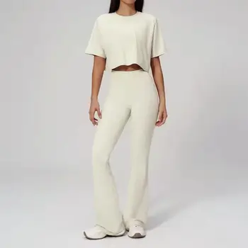 Yoga Suits Two-piece Gym Clothes Running Fitness Casual Sportswear Women's Loose Short Sleeve Legging Flared Pants Fitness Suit 1