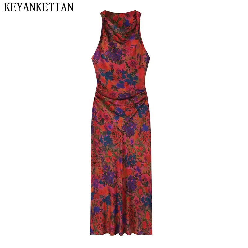 

KEYANKETIAN Summer New Pastoral Print Women's Sleeveless Dress Tribal Ethnic Wind Pleated Decoration Slim-Fit Long MIDI Skirt