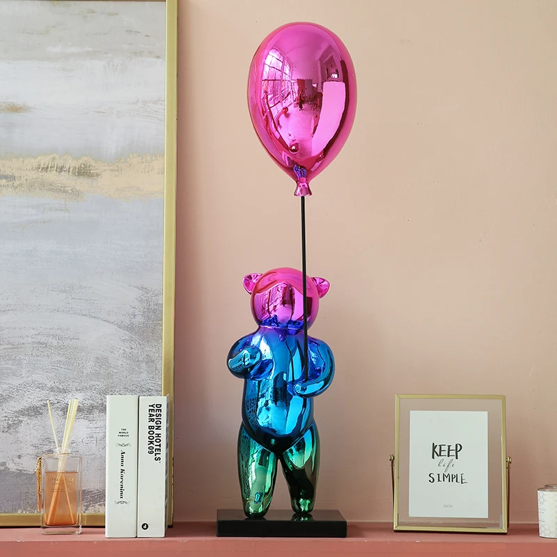 

Home Decor Creative Balloon Bear Large Landing Ornament Figurines For Interior Resin Cartoon Floor Decoration Marble Base Statue