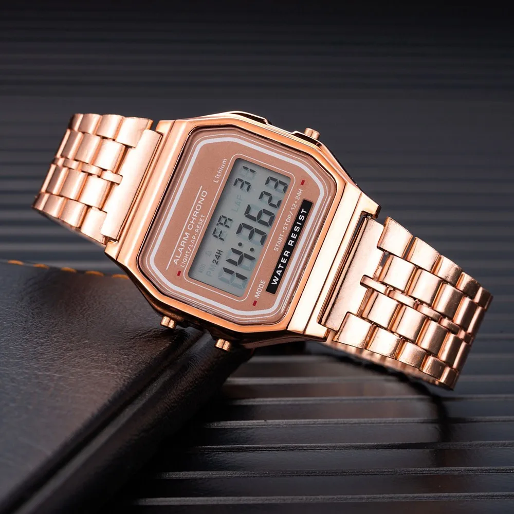 Harajuku Luxury TOP Brand Women Watch Gold Stainless Steel WR F91W LED Electronic Waterproof Multifunction Square Digital Watch 3