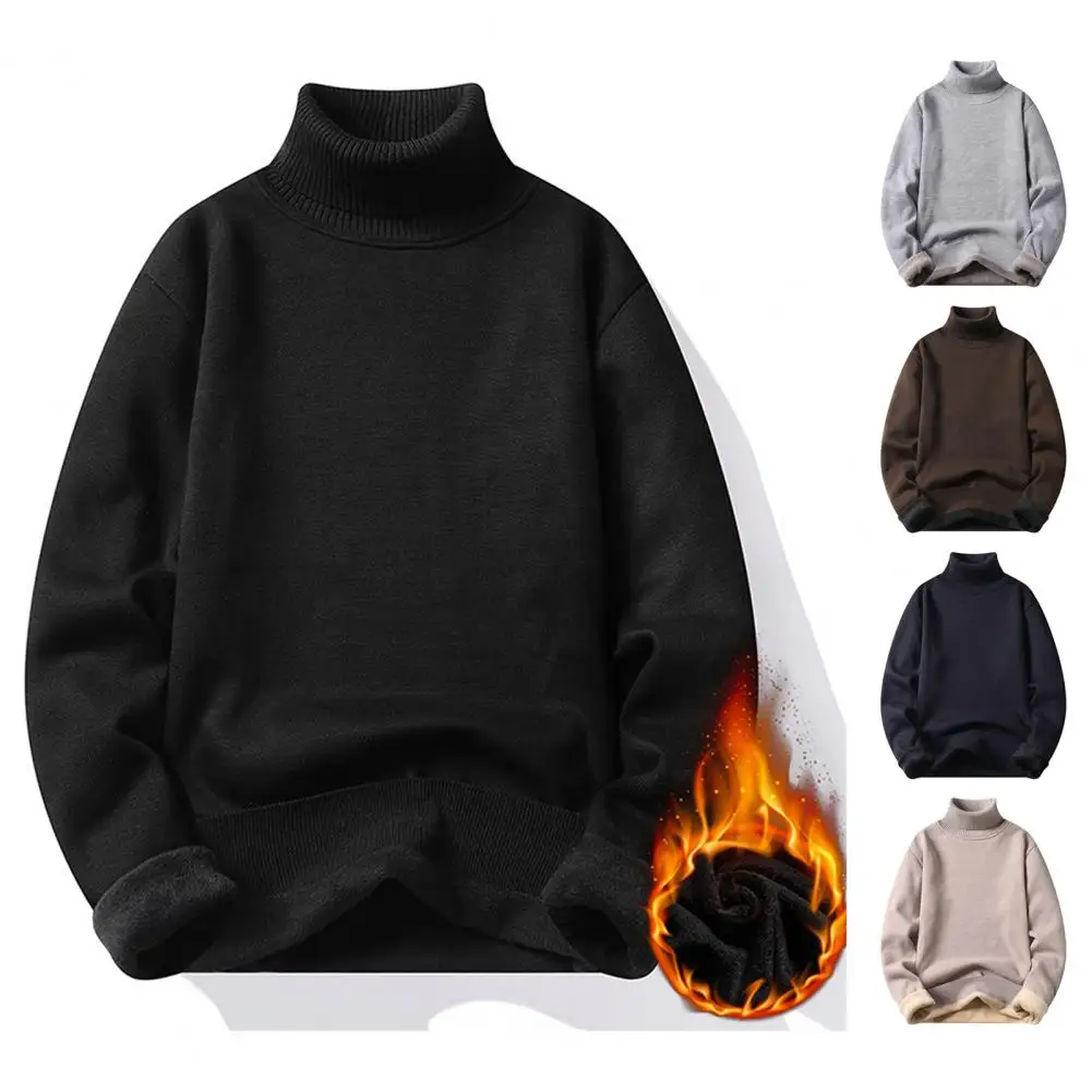 

Autumn Winter Men Turtleneck Sweater Long Sleeve Solid Color Slim Fit Fleece Lining Thickened Knitting Tops Jumper