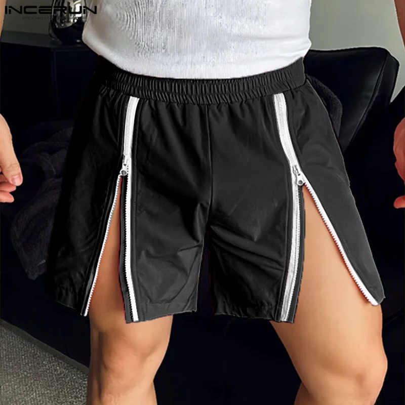 INCERUN Men Shorts Solid Color Elastic Waist Loose Zipper Joggers Casual Men Bottoms Streetwear Summer 2024 Fashion Male Shorts 3