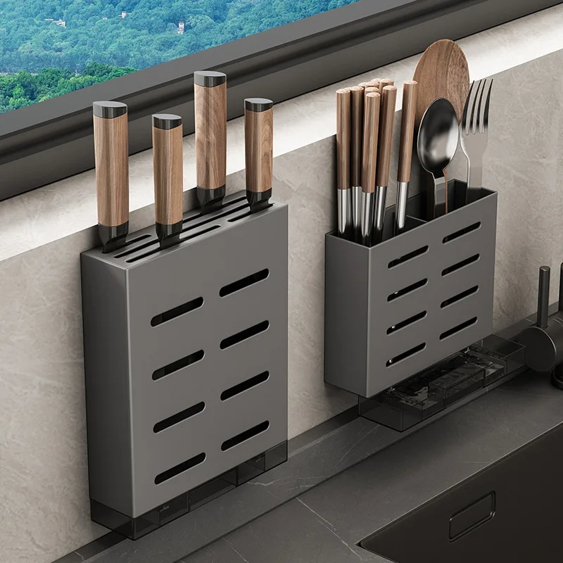 Stainless Steel Gun Ash Kitchen Kitchen Knife Holder Wall-mounted Household Chopsticks Put Knives One Drain Storage Shelf