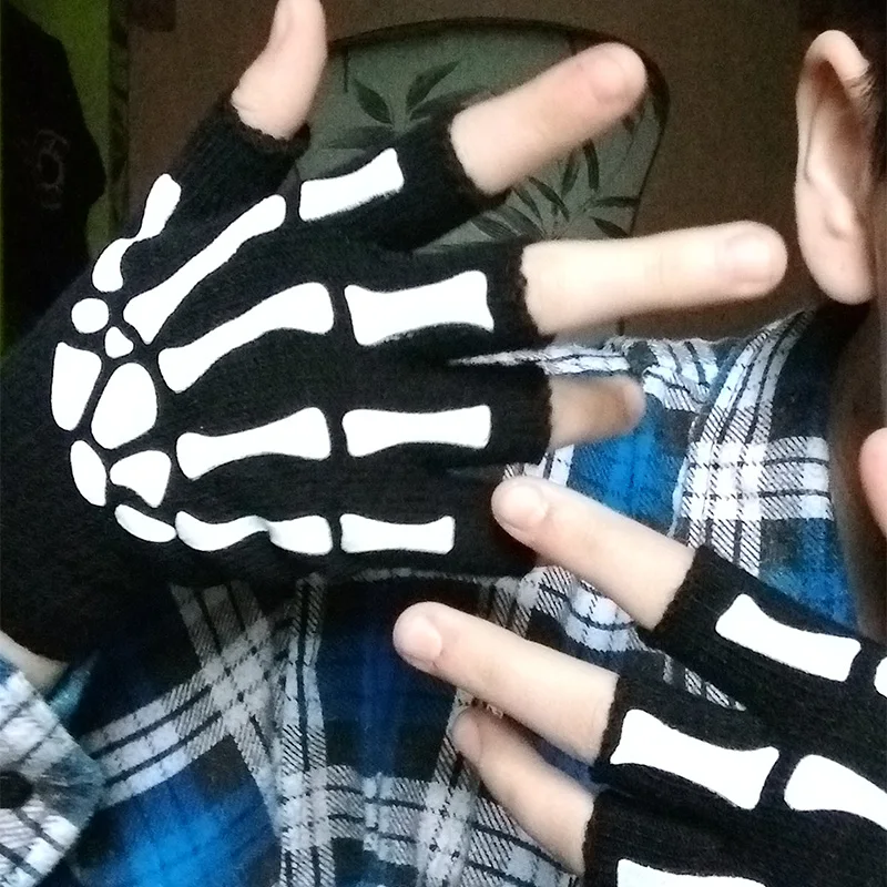 Punk Gloves Unisex Halloween Skeleton Skull Half Finger Gloves Glow In The Dark Fingerless Stretch Knitted Winter Mittens sports half finger gloves winter gloves