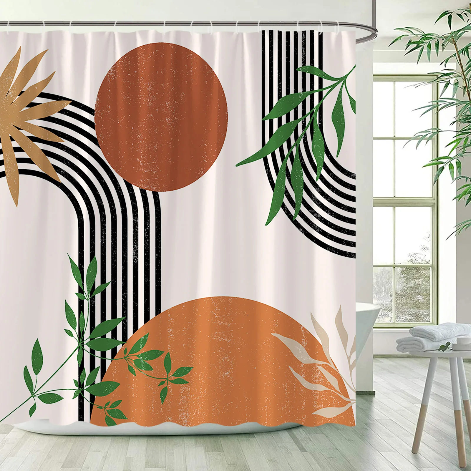 Creative Mid Century Shower Curtains Black Lines Green Leaves Modern Boho Geometric Bath Curtain Cloth Bathroom Decor with Hooks