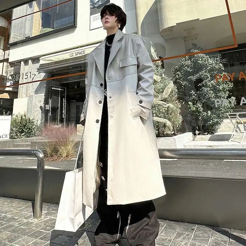 LUZHEN Korean Leather Splicing Long Trench Coat Men's Trendy Loose Knee Length Stylish Outwear Male Autumn Winter LZ5199
