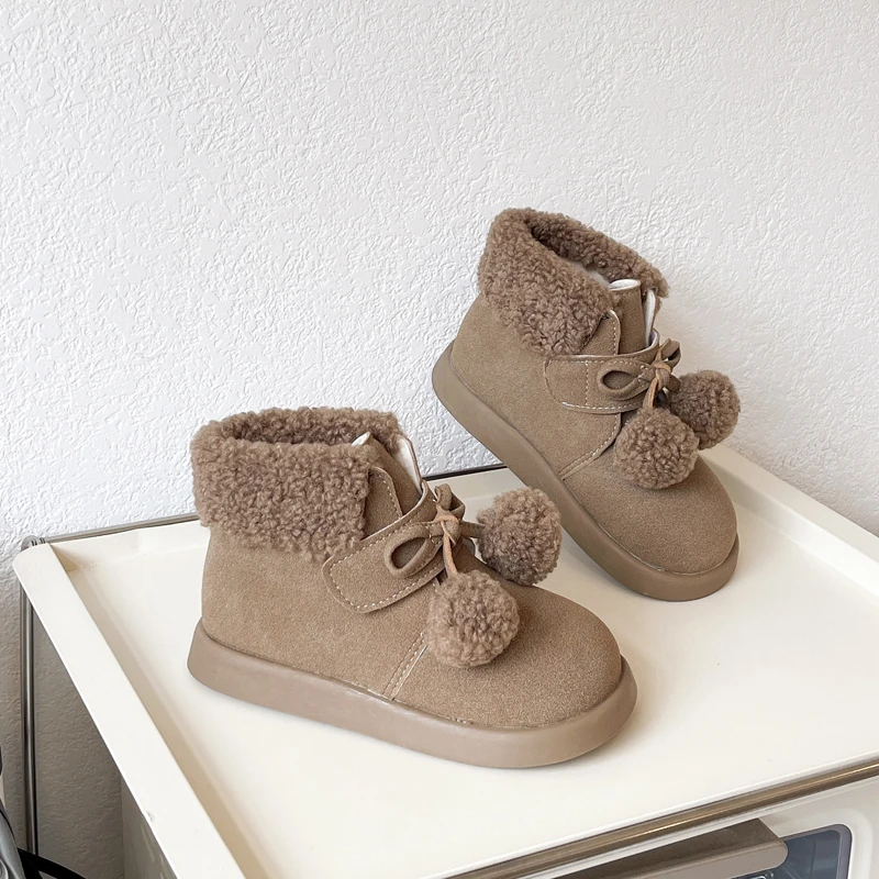 Cute Girls Cotton Boots Fashion Soft Hairball Winter Children's Ankle Boots Versatile Fashion Kids Causal Princess Snow Boots
