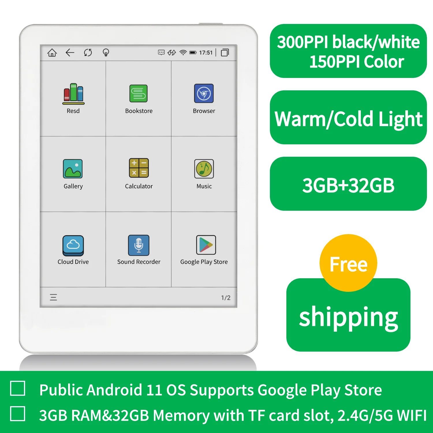 Meebook M6C colorful Ereader 6" android 11 google play built-in with 3G RAM and 32GB ROM ebook reader