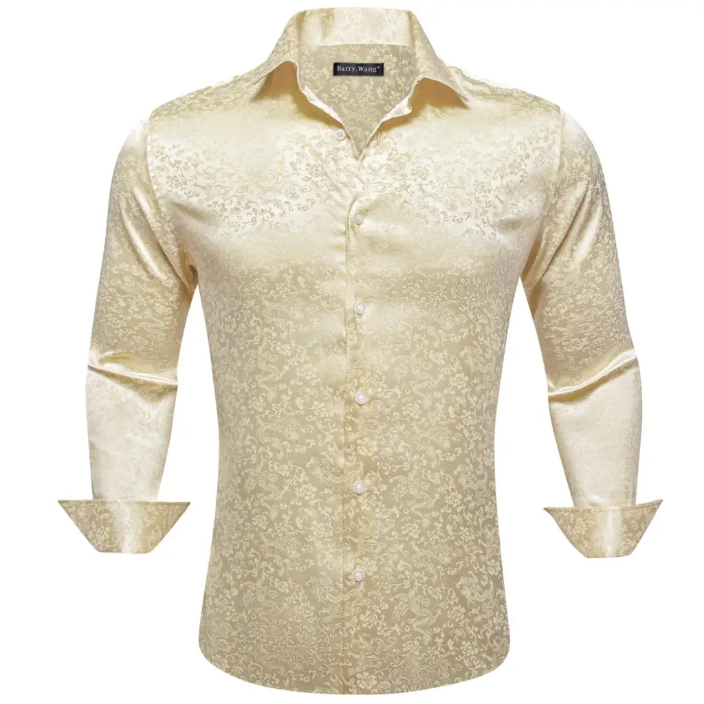 

Luxury Shirts for Men Silk Satin Long Sleeve Gold Yellow Flower Slim Fit Male Blouses Casual Lapel Tops Breathable Barry Wang