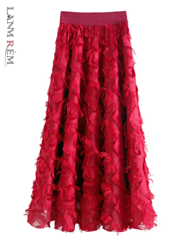 

LANMREM Tassel Spliced Design Women's Skirt Elastic High Waist Solid Color A-line Long Skirts Fashion 2024 Spring New 2AA4793