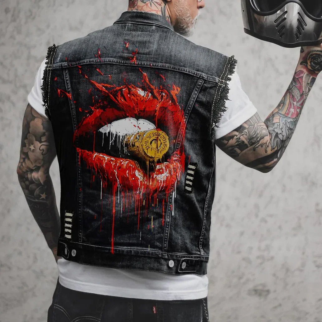 

Men's Gothic Sleeveless Denim Vest, Street Fashion, Punk Rock, Bite Bullet Print, Spring and Autumn Coat, New Line, 2023