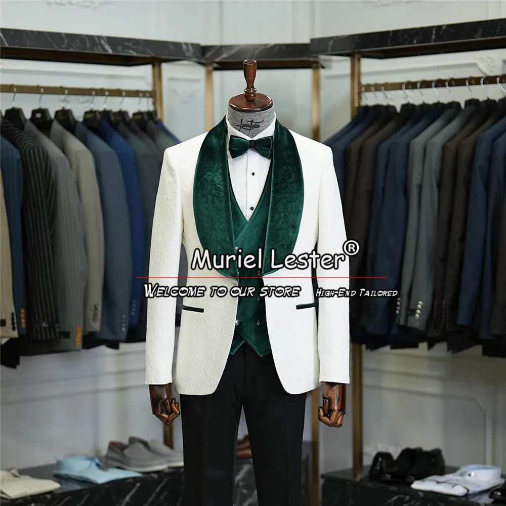 

Элегантные свадебные костюмы для мужчин, облегающий Белый Жаккардовый блейзер с цветочным рисунком, жилет и брюки для жениха, мужские смокинги на заказ, костюм для мужчин