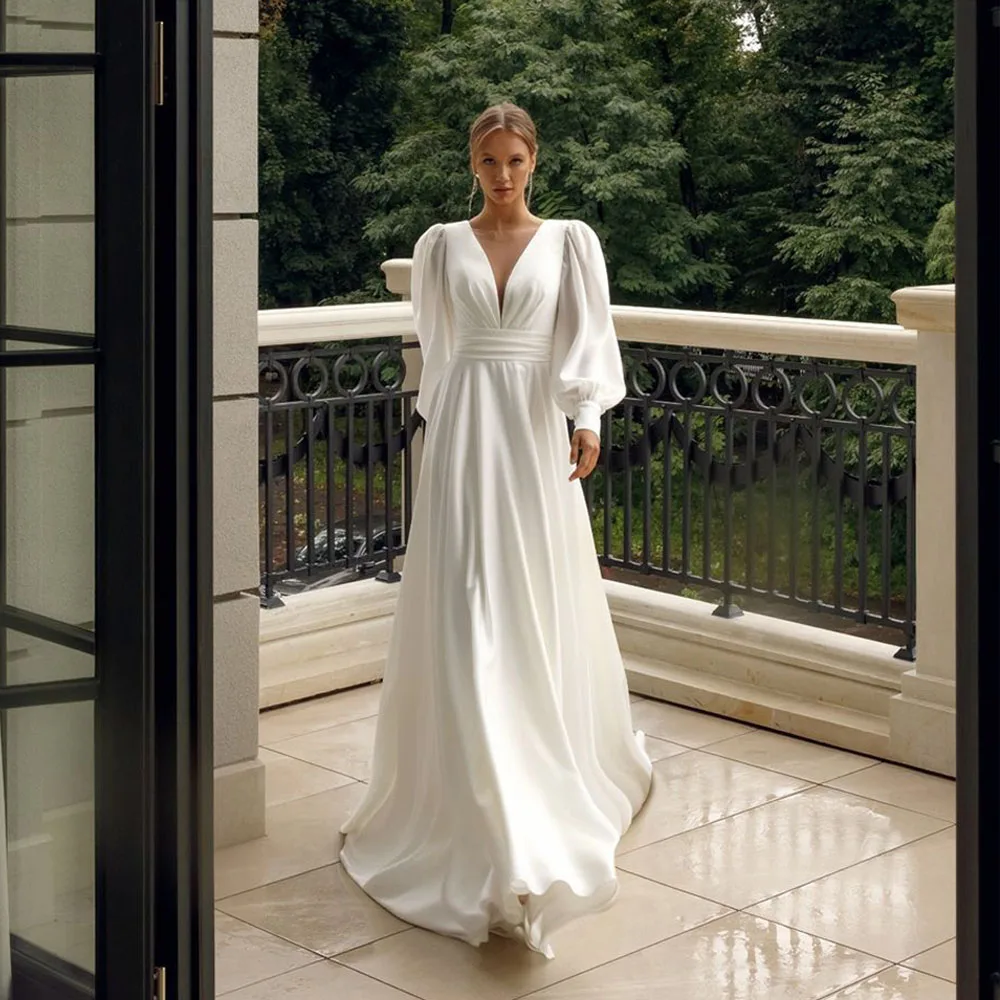 

Elegant V-neck Long Sleeves Wedding Dress High-Waist A-line Court Wedding Gown Backless Belt Bridal Gown vestidos de casamento