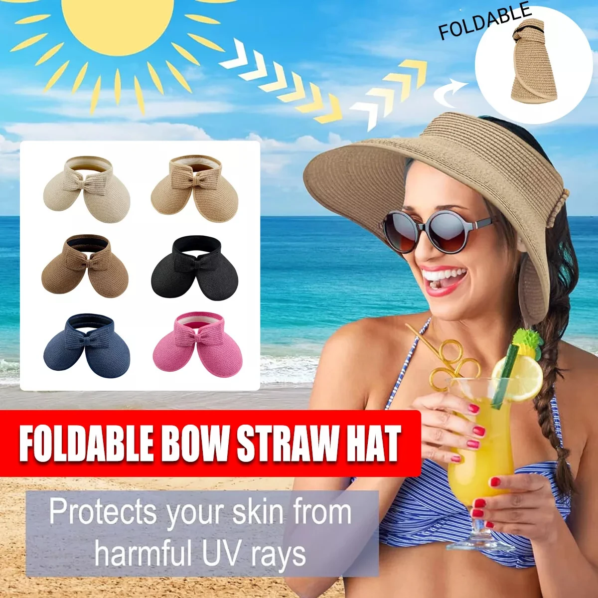 Roll-Up Sun Visor Straw Hat Sunscreen Sun Cap Sunshade Big-Edge Foldable Hat Outdoor Wide Brim Straw Visor