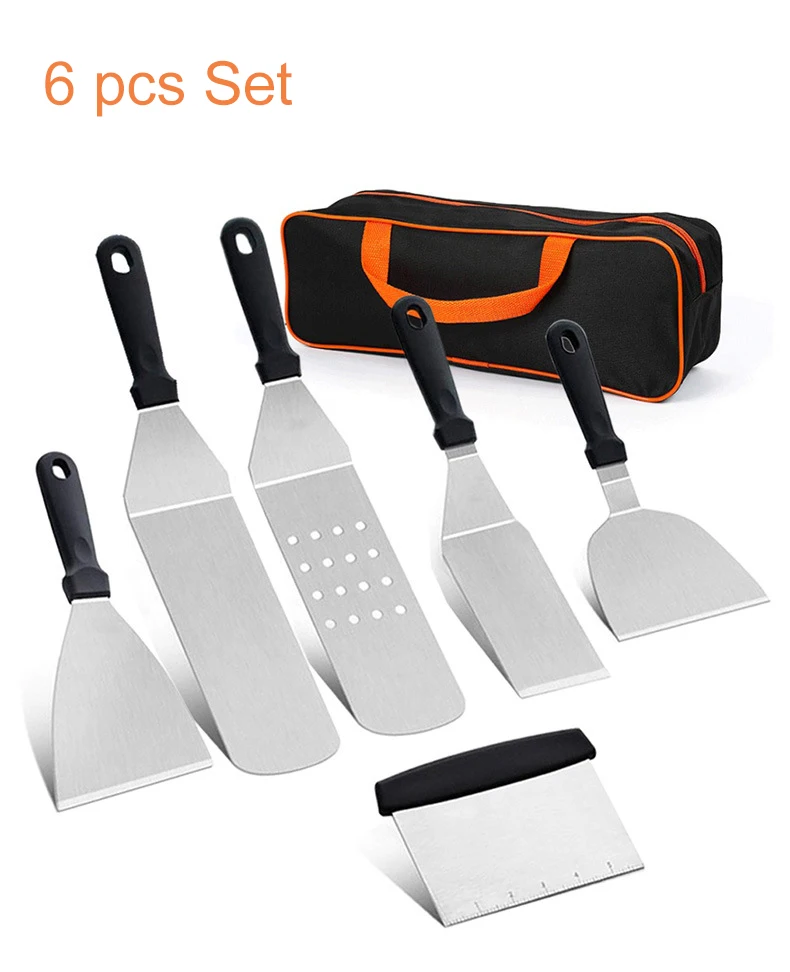 Pizzathome Stainless Steel Barbecue Scraper Grill Tools 6 Pieces Set for Outdoor Camping Spatulas BBQ Grill Accessories