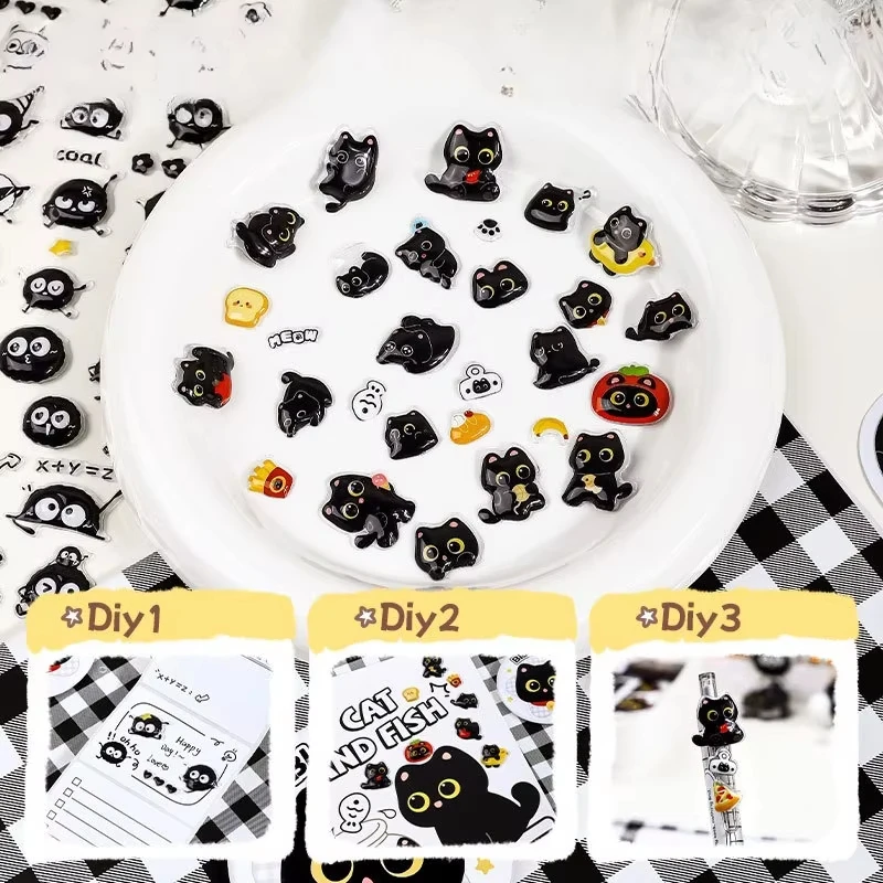 2장의 귀여운 검은 고양이 3D 플로팅 스티커, 휴대폰 스크랩북 저널 DIY 공예 장 엠보싱 데칼