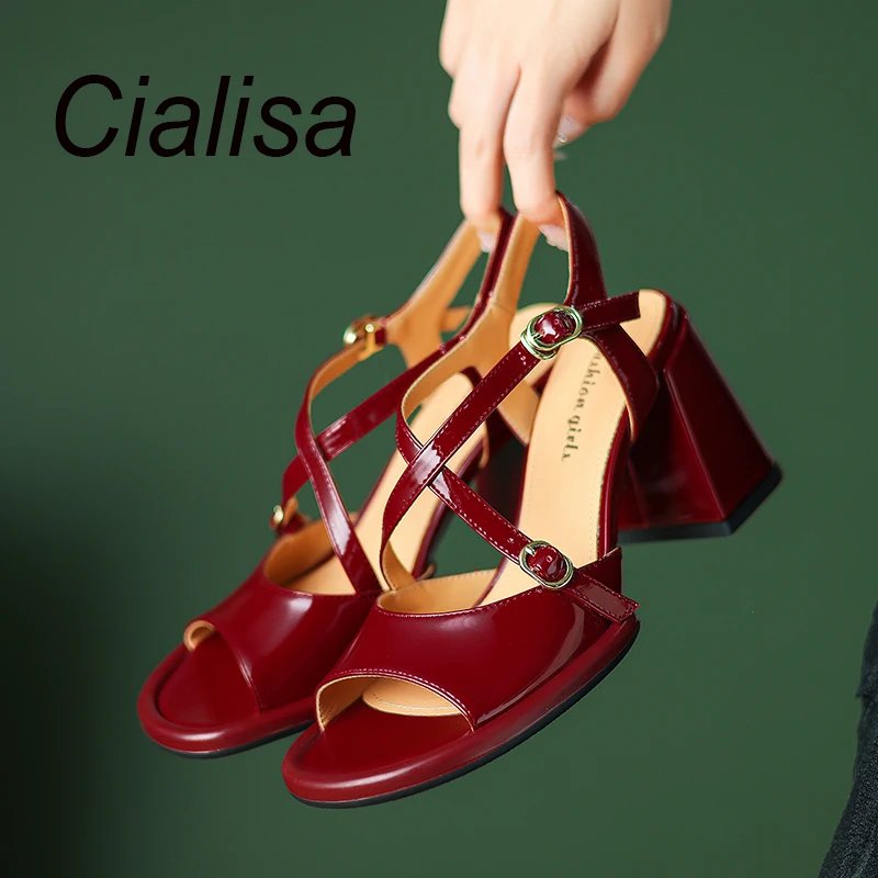 

Cialisa Fashion Sandals For Lady Open-Toed Genuine Leather Women Shoes Wine Red Summer High Heels Handmade Buckle Strap Sandals
