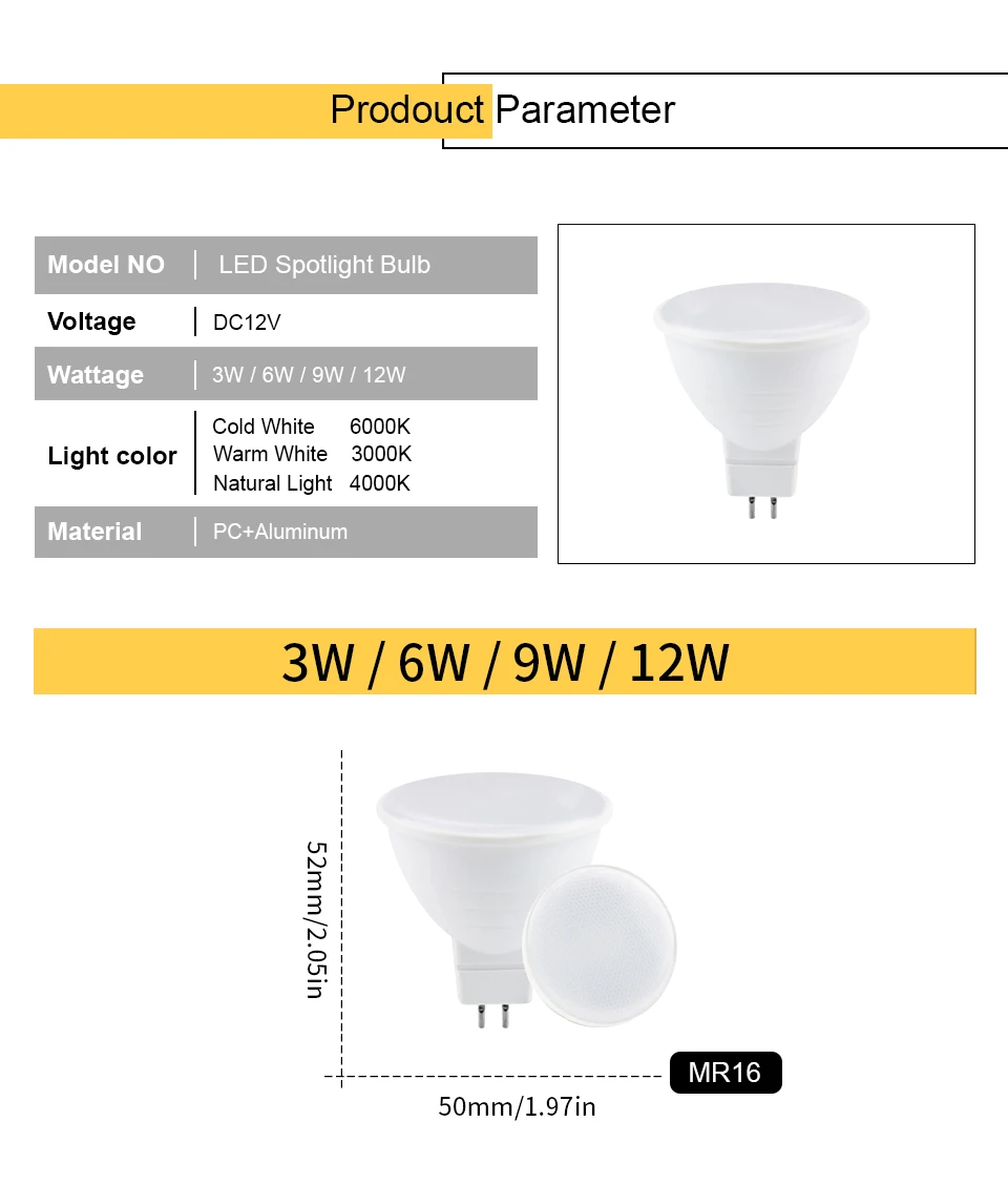 8PCS DC12V MR16 Low Pressure 3W 6W 9W 12W LED Spotlight 120 Degrees Study Kitchen For Home