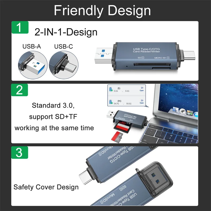SKOWER Card Reader USB C & USB3.0 to SD Micro SD TF CF Memory Card Device Smart Cardreader for Laptop Accessories Phone 4