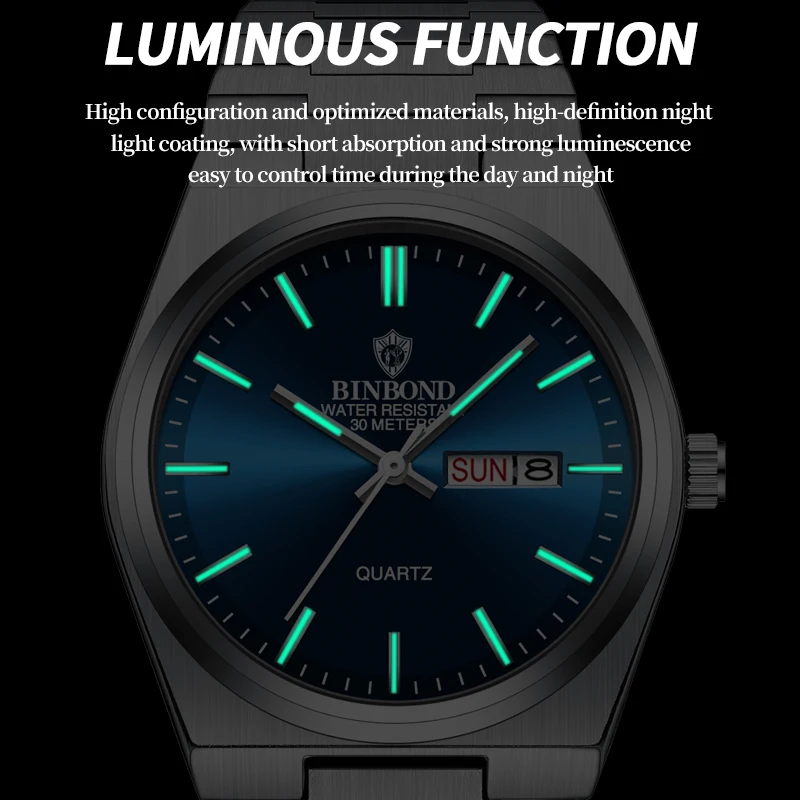 BINBOND Men's Watches Rhombus Mirror Original Quartz Watch for Man Waterproof Luminous Stainless Steel Wristwatch Male Date Week