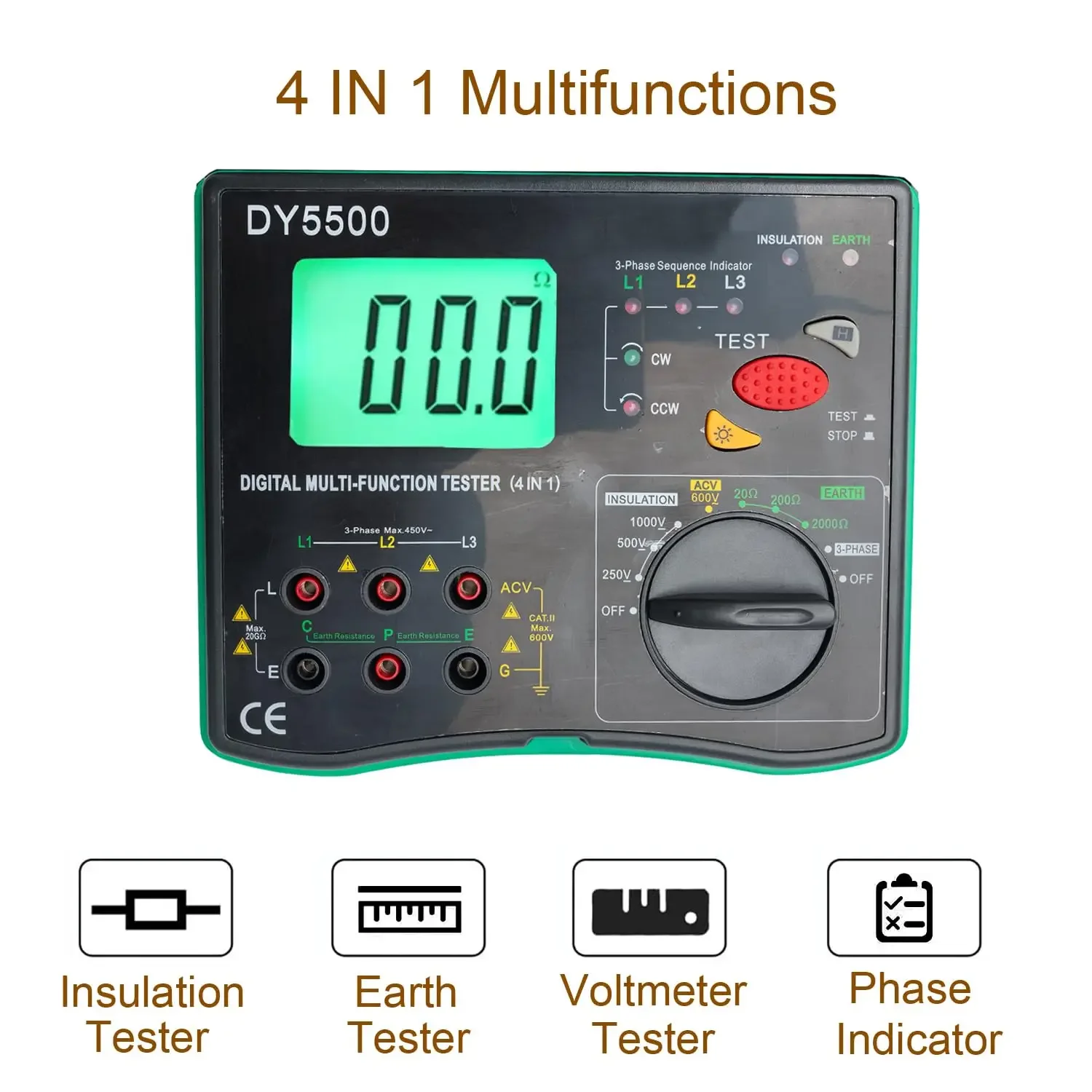 DY5500 4-in-1 Digital Multimeter-Ground Resistance Tester, Insulation Tester, Phase Sequence Detector & Voltmeter voltage tester,resistance tester,phase meter