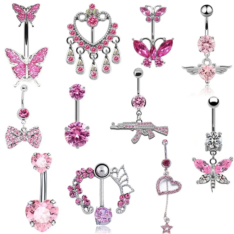 New Romantic Pink Belly Piercing Buckle Umbilical Nail Cat Head Dragonfly Pistol Butterfly Belly Button Rings Piercing Jewelry