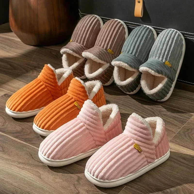 Concise Solid Color Wrap Heels Plush Slippers Winter Couple Style Non-slip Warm Flip Flops Women Men Home Casual Cotton Shoes