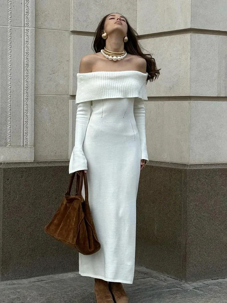 Prom Dresses Wedding Guest Long White Bodycon Dresses TARUXY Sexy  One-Shoulder Dress Knitted Autumn Winter Long Sweater Dress For Women Lapel  Solid