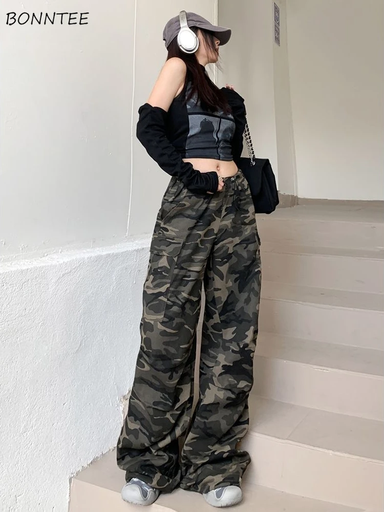

Camouflage Cargo Pants Women Spring Summer High Elastic Waist Pockets Loose Slim All-match American Retro Fashion Streetwear
