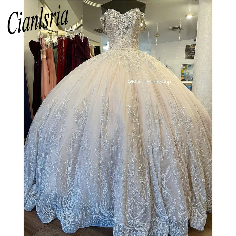 

Light Champagne Crystal Beading Quinceanera Dress Ball Gown Luxury Glitter Appliques Lace Corset Vestido De 15 Anos