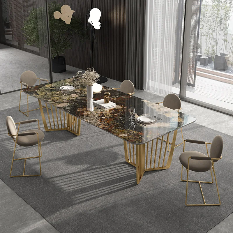 

Italian luxury minimalist large-sized rectangular luxury stone bright rock plate household dining table and chair combination