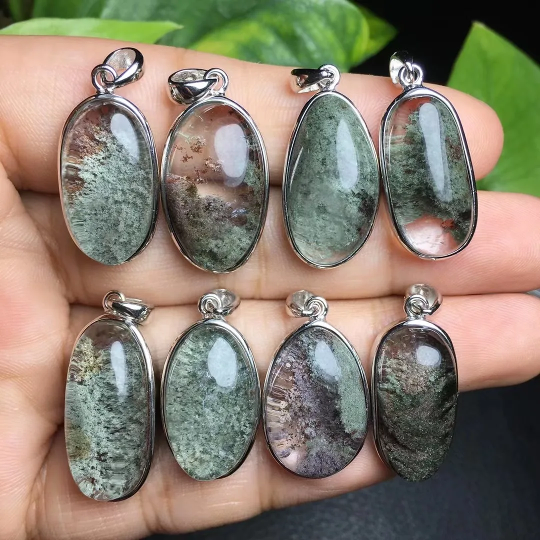 

1 Pc Fengbaowu Natural Colorful Phantom Quartz Lodolite Quartz Oval Cabochon Pendant 925 Sterling Silver Reiki Healing Stone