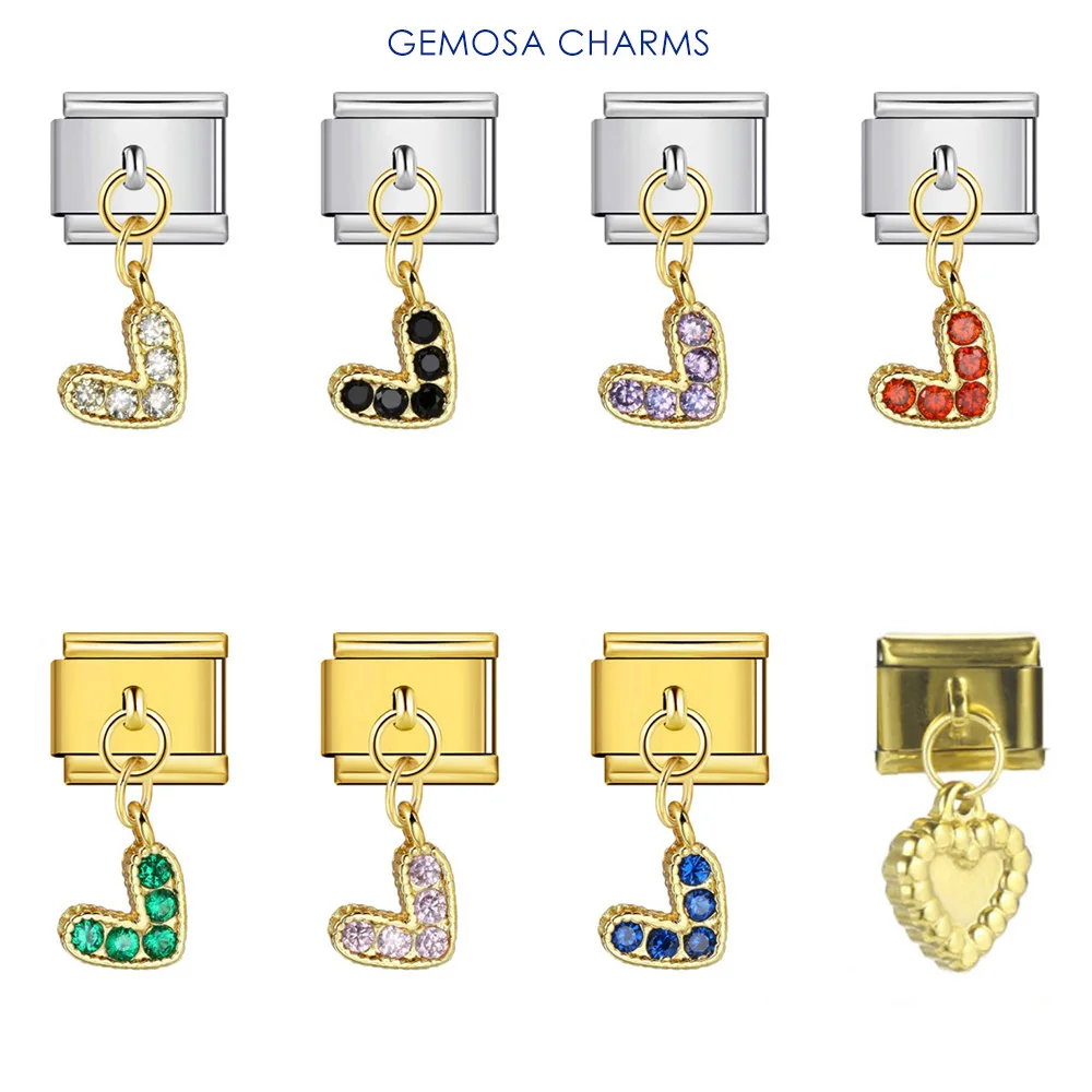 GEMOSA Y2k Niedlicher bunter Herz-eingelegter Zirkonia-Anhänger, italienischer Charm-Link, passend für 9 mm Edelstahl-Armbänder, DIY-Schmuckherstellung