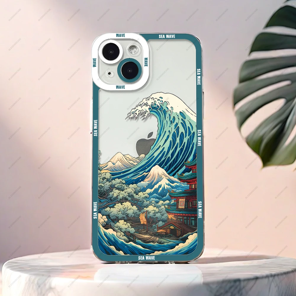 Funda de teléfono Sea Wave para iPhone 16 15 14 13 12 11 Plus Pro Max Mini XS X XR funda de silicona suave