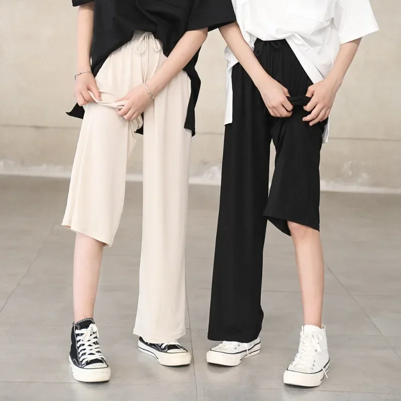 Summer Girl Thin Ice Silk Pants Loose Kids Clothes Loose Girls High Waist Wide Leg Pants Child Casual Pants Teen Clothes 13 14 Y