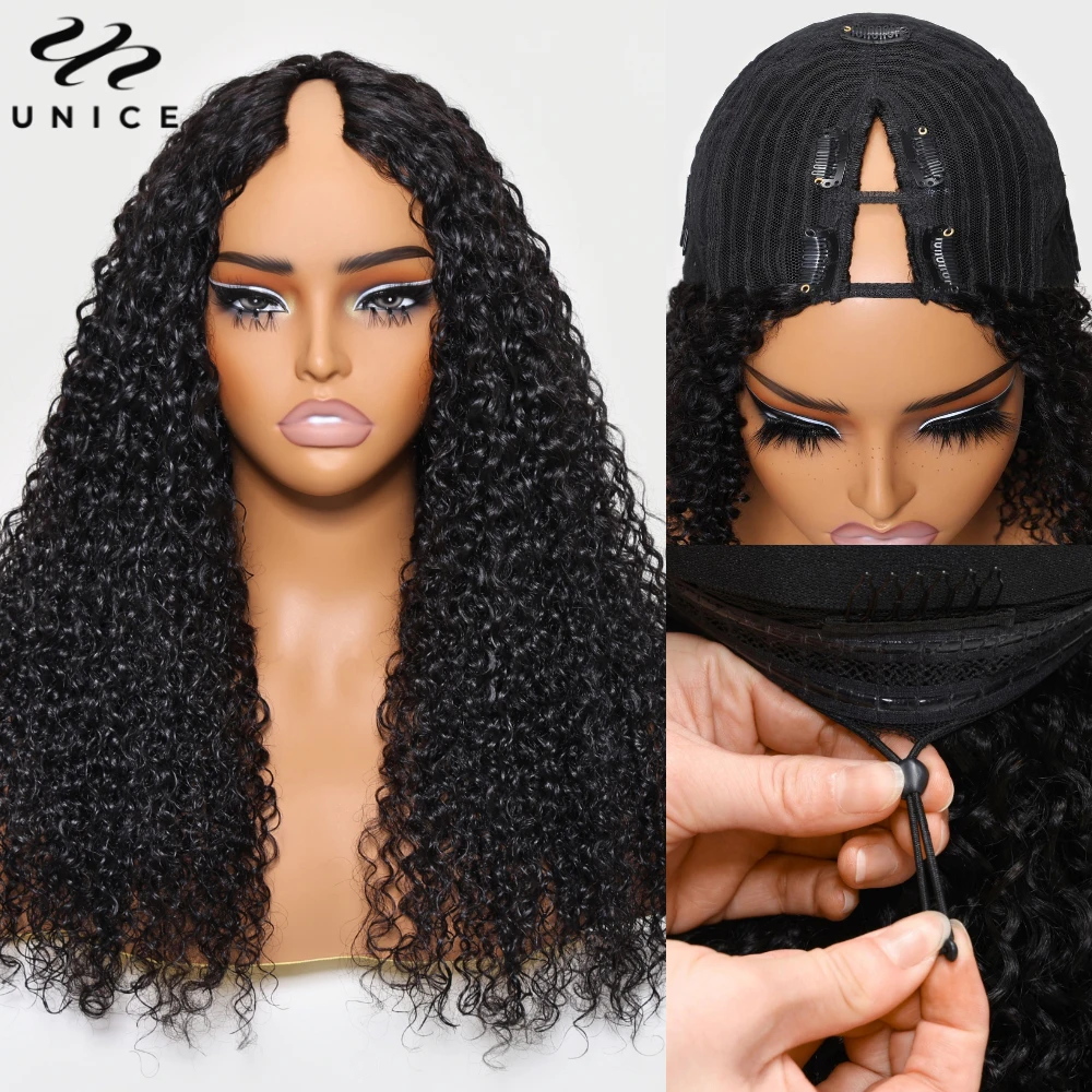 UNICE Hair Curly V Part Wig Natural Color 100% Human Hair V Part Wig With Elastic Drawstring Fit For Small Medium Large Cap for human hair wigs