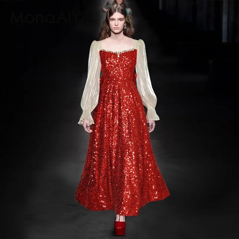 

MonaAiYi Autumn New Fashion Runway Designer Women's Square Neck Lantern Sleeve Diamond Lnlay Sequin Luxurious Dress