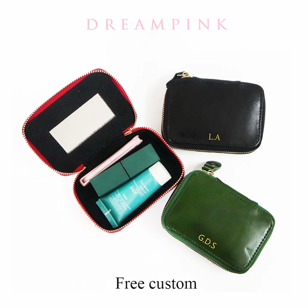 Personalize Initials Leather Cosmetic Box Custom Letters Cowhide Small Jewelry Case Zip Round Travel Makeup Bag With Mirror