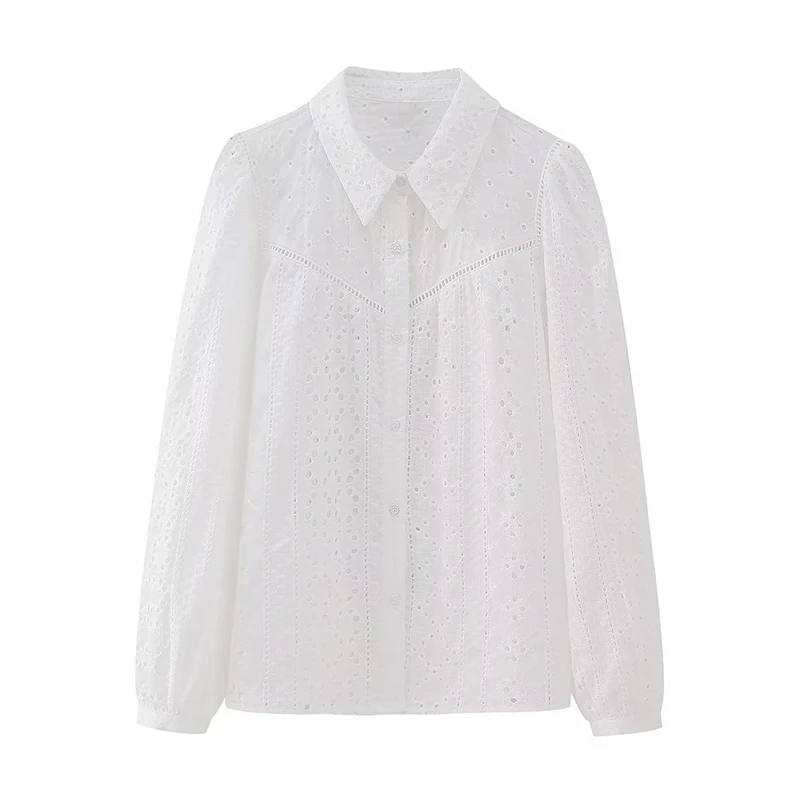 

2023 Lapel Long Sleeve Embroidered Hollow White Loose Shirt Fashion Versatile Single Breasted Top Women