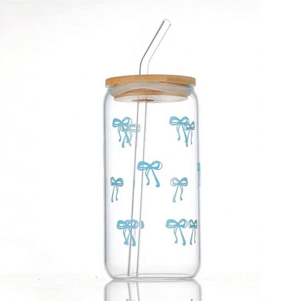 Chic 500ml Pink Bow Glass Tumbler with Lid and Straw