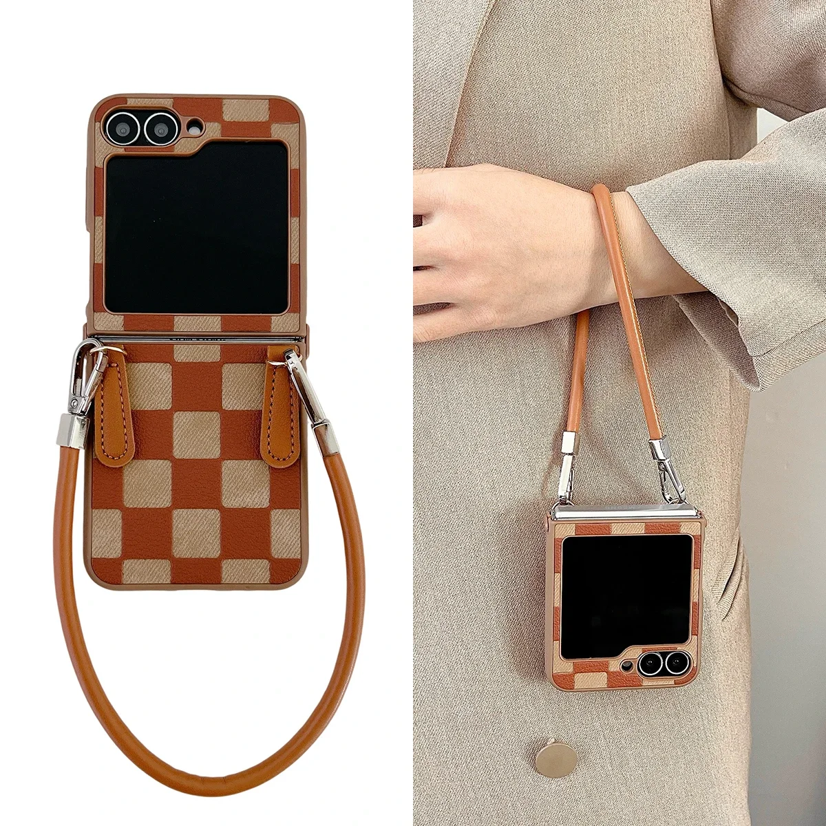 Plaid PU Leather Wrist Strap Shockproof Phone Case
