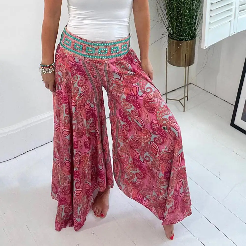 Skirt Pants Stylish Women's Wide Leg Pants Retro Printing Culottes High Waisted Flowy Trousers for Work Casual Streetwear